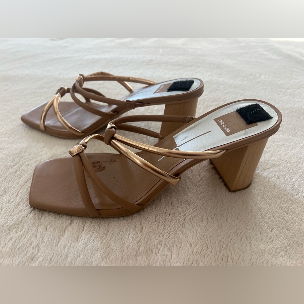 Dolce Vita tan and rose gold straps sandals with wooden heel 9.5 M